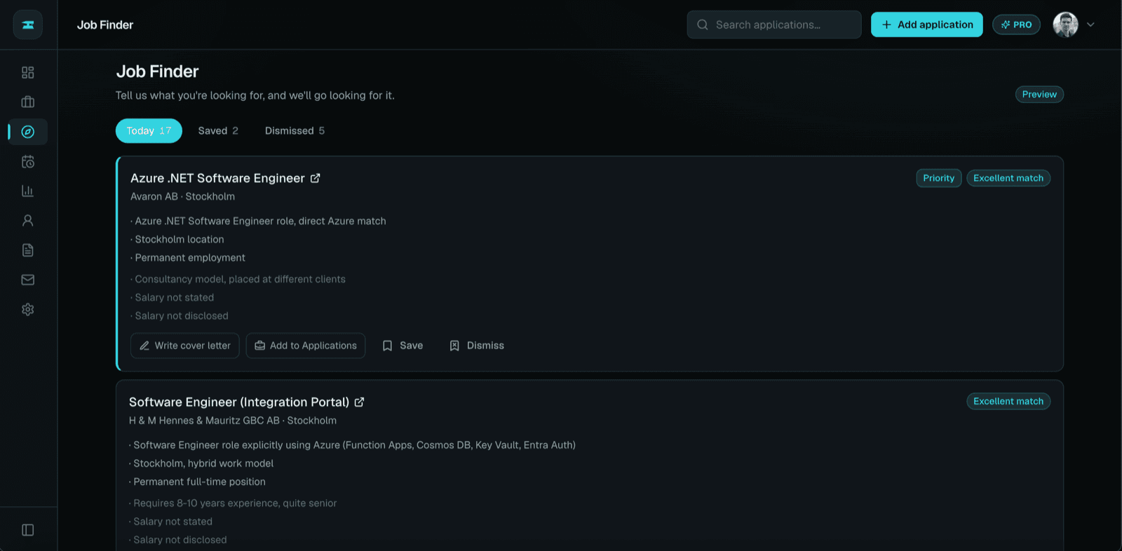 Job Finder results: each role carries a match band, the reasons behind it, and every requirement you set marked as met, not met, or not stated in the advert.